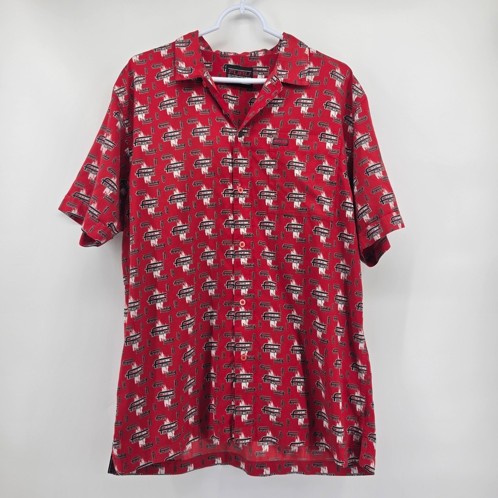 Vintage 90s FUBU Monogram Logo Shirt Red Short Sleeve Button Up Mens Large Camp